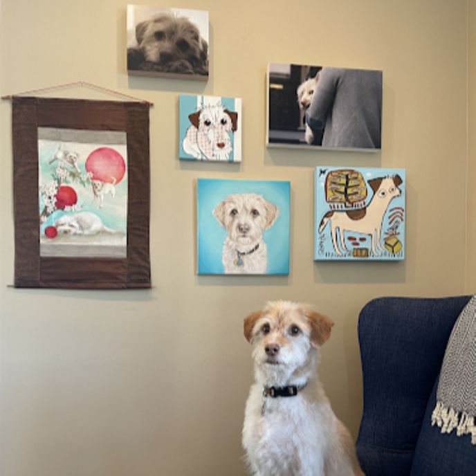 Rolo the dog in front of her gallery wall of portraits, including a painting by UGallery artist Jessica JH Roller