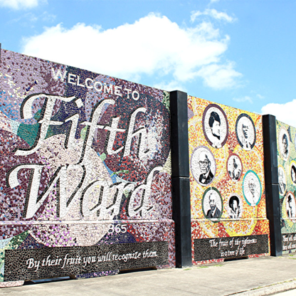 “Welcome to Fifth Ward” mural highlighting the history and people associated with one of Houston’s oldest African American neighborhoods. Photo by 2C2K Photography