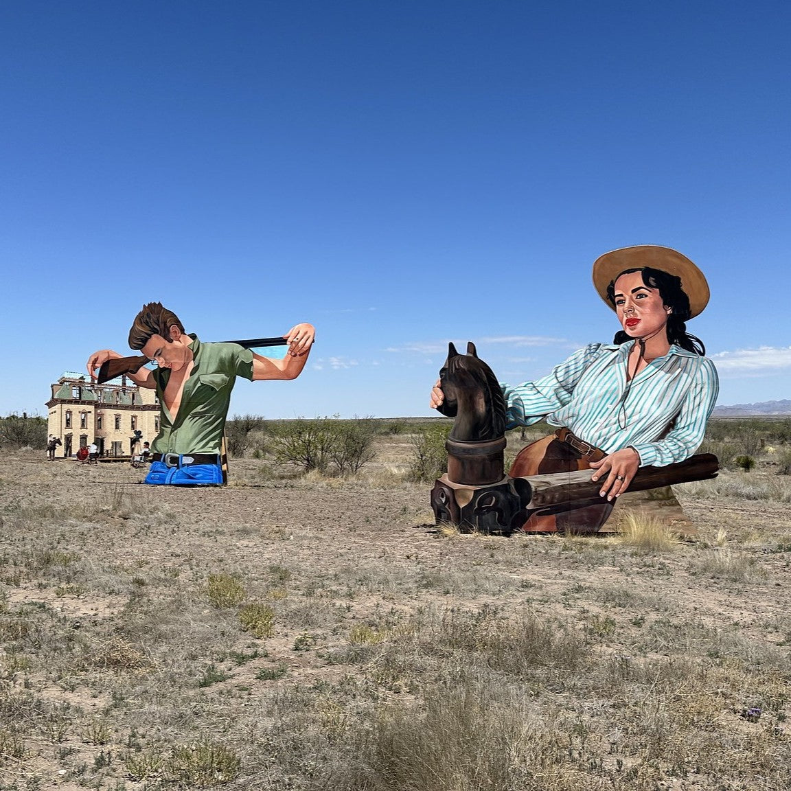 A large outdoor mural in Marfa, Texas titled the Giant Movie Tribute, photo credit Ron Rendon Instagram, @searcher9346