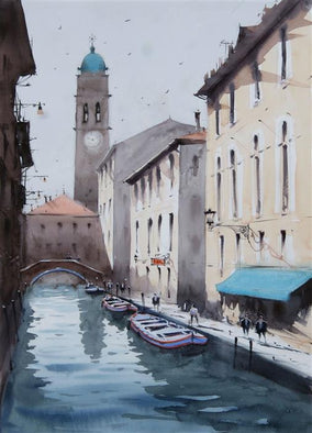 Original art for sale at UGallery.com | The Canalside Story by Swarup Dandapat | $750 | watercolor painting | 22' h x 15' w