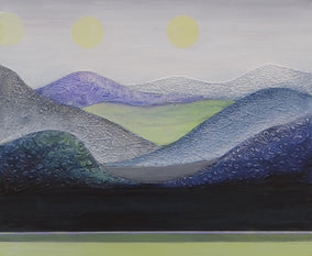 Original art for sale at UGallery.com | Moons over Mountains by Brit J Oie | $850 | mixed media artwork | 20' h x 24' w