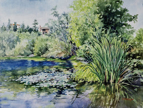 Original art for sale at UGallery.com | Waterlilies on Lake Temescal by Catherine McCargar | $1,300 | watercolor painting | 18' h x 24' w