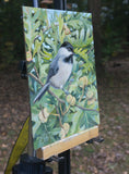 Original art for sale at UGallery.com | Chickadee Among Oak Leaves by Mary Beatty-Brooks | $475 | acrylic painting | 10' h x 8' w | thumbnail 2