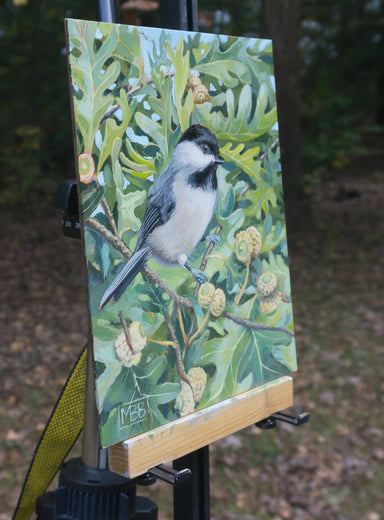 Chickadee Among Oak Leaves by Mary Beatty-Brooks |  Side View of Artwork