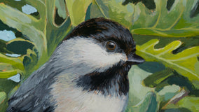 Original art for sale at UGallery.com | Chickadee Among Oak Leaves by Mary Beatty-Brooks | $475 | acrylic painting | 10' h x 8' w | thumbnail 4