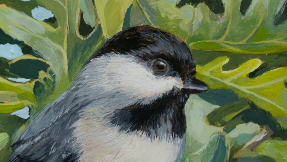 Chickadee Among Oak Leaves by Mary Beatty-Brooks |   Closeup View of Artwork