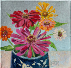 Original art for sale at UGallery.com | Zinnias in a Blue Mug by Mary Beatty-Brooks | $350 | acrylic painting | 8' h x 8' w