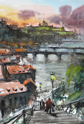 Original art for sale at UGallery.com | Stairs in Prague by Maximilian Damico | $550 | watercolor painting | 12' h x 9' w