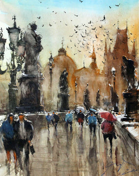 Original art for sale at UGallery.com | Sunset over the Bridge by Maximilian Damico | $650 | watercolor painting | 15.5' h x 11' w