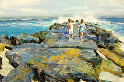 Original art for sale at UGallery.com | Children on a Jetty by Onelio Marrero | $1,075 | oil painting | 14' h x 26' w | thumbnail 4