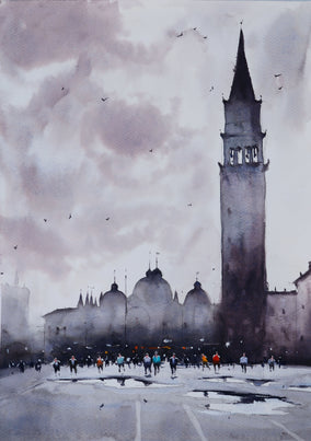 Original art for sale at UGallery.com | Piazza San Marco, Venice by Swarup Dandapat | $550 | watercolor painting | 16.5' h x 11.7' w