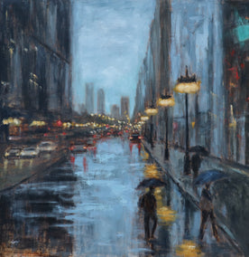 oil painting by Yangzi Xu titled Michigan Avenue: Where Light Meets Rain