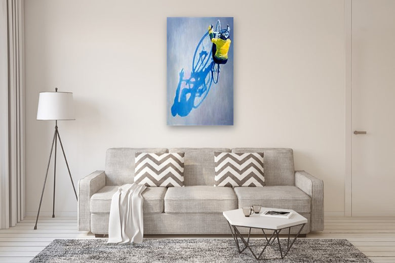 Spring Cycling in Yellow by Warren Keating |  In Room View of Artwork