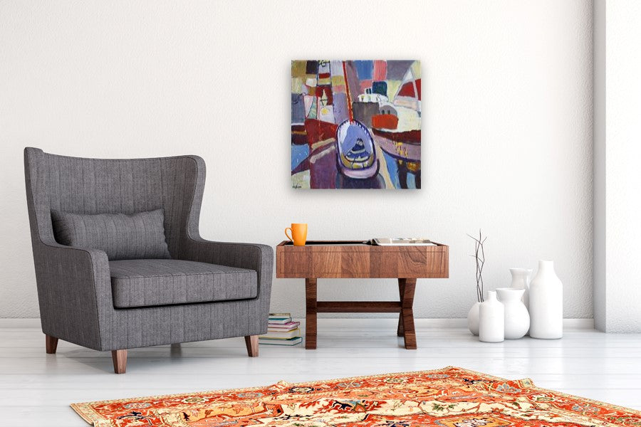 Sailboat with a Red Mast by Robert Hofherr |  In Room View of Artwork