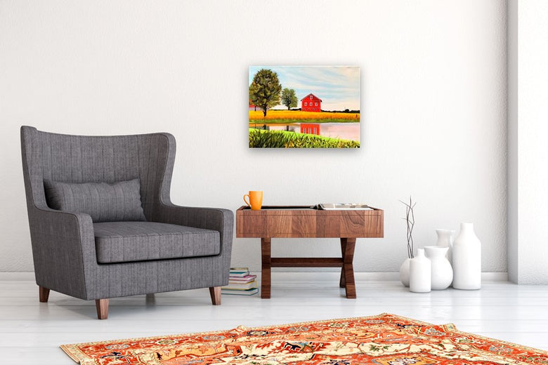 Red Barn Reflections by John Jaster |  In Room View of Artwork