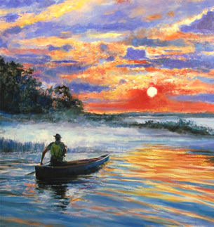 A commissioned painting by artist Onelio Marrero featuring a canoeist at dawn