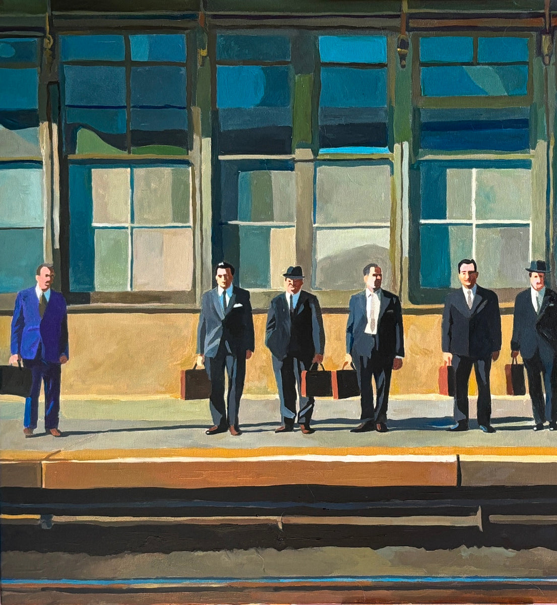 A modern painting by artist Keith Thomson of men in suits standing on a train platform
