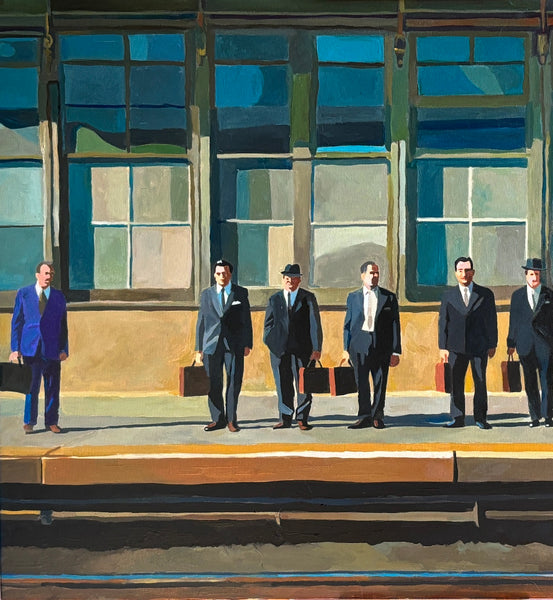 A modern painting by artist Keith Thomson of men in suits standing on a train platform