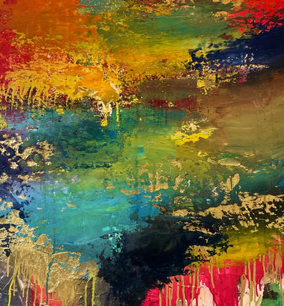 A vibrant mixed media abstract painting featuring gold leaf
