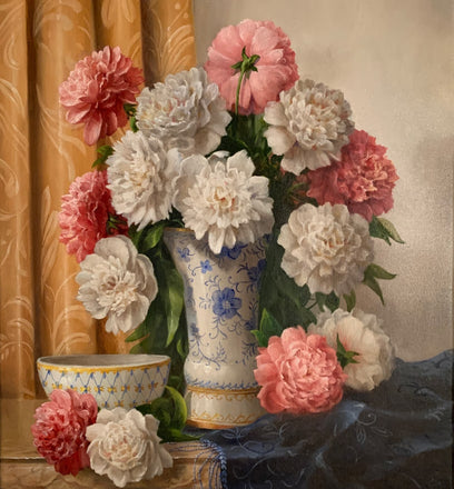 A classical floral still life painting of peonies in a porcelain vase
