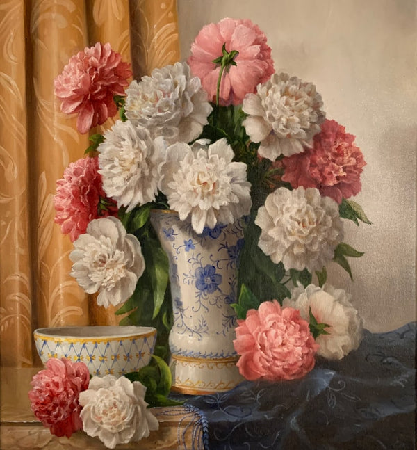 A classical floral still life painting of peonies in a porcelain vase