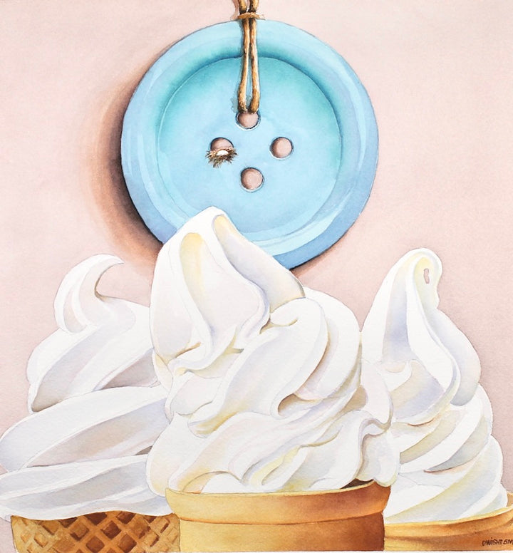 Surreal watercolor painting of towering ice cream cones by artist Dwight Smith