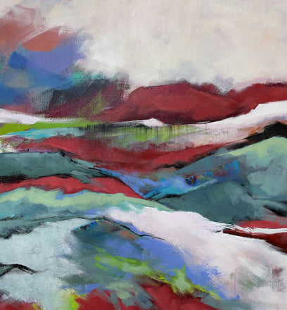 Red, green, and soft white abstract landscape by artist Lynn Goldstein
