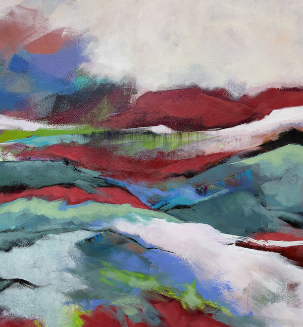 Red, green, and soft white abstract landscape by artist Lynn Goldstein