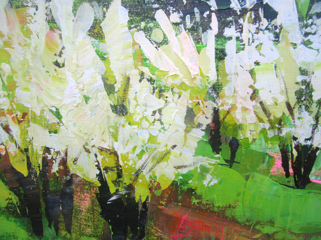 Cypresses and Orchard, Springtime by Janet Dyer |  Closeup View of Artwork