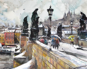 watercolor painting by Maximilian Damico titled Winter on the Bridge