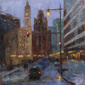 Original art for sale at UGallery.com | Purple Evening on Wacker Dr. by Yangzi Xu | $500 | oil painting | 16' h x 16' w