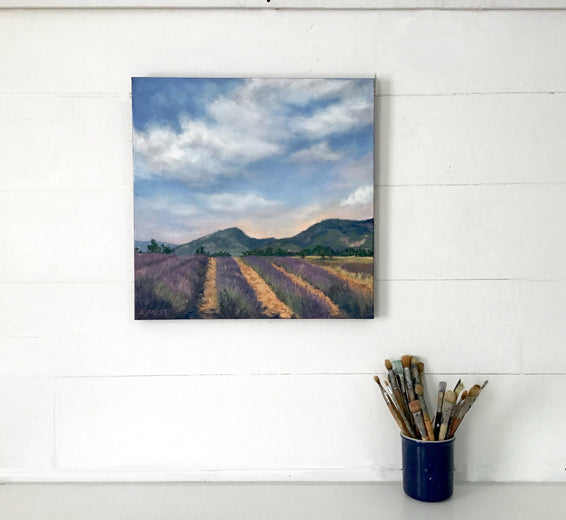 Rows of Lavender, Peach Light Above the Hills by Elizabeth Garat |  Context View of Artwork