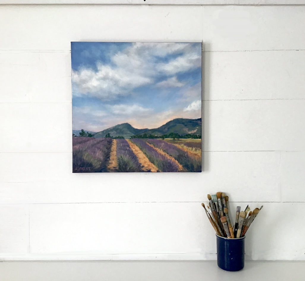 Rows of Lavender, Peach Light Above the Hills by Elizabeth Garat |  Context View of Artwork