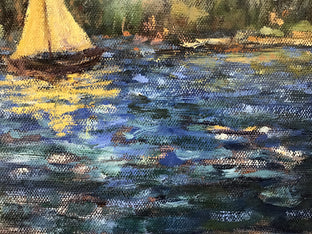 Yellow Sail on Patriot Lake by Elizabeth Garat |   Closeup View of Artwork 