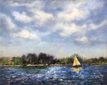 oil painting by Elizabeth Garat titled Yellow Sail on Patriot Lake