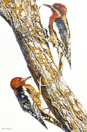 Original art for sale at UGallery.com | Woodpeckers on Tree by Emil Morhardt | $1,925 | acrylic painting | 36' h x 24' w