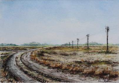 watercolor painting by Erika Fabokne Kocsi titled Tractor Tracks on the Road