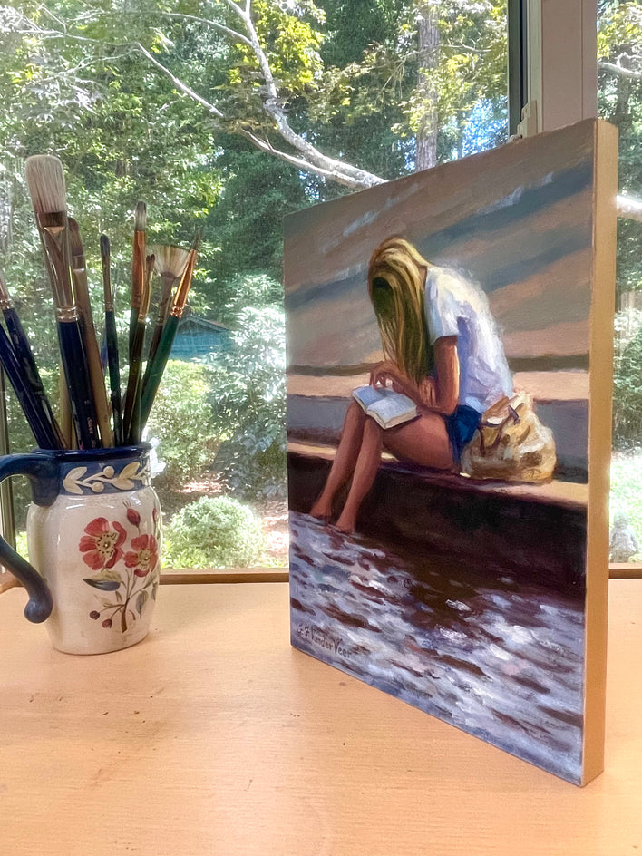 Young Girl Reading by Faye Vander Veer |  Side View of Artwork