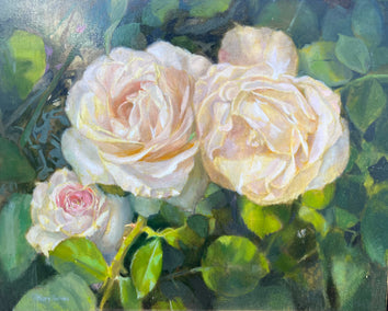 oil painting by Hilary Gomes titled Three Blooming Roses and Thorns