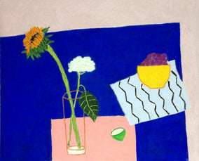 Original art for sale at UGallery.com | Sunflower and Hydrangea on Blue Table by Feng Biddle | $875 | pastel artwork | 22' h x 27' w