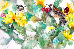 Original art for sale at UGallery.com | Cactus Wren and Prickly Pear by Suren Nersisyan | $375 | watercolor painting | 18' h x 24' w | thumbnail 4
