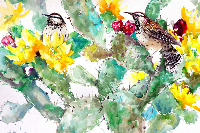Cactus Wren and Prickly Pear by Suren Nersisyan |   Closeup View of Artwork