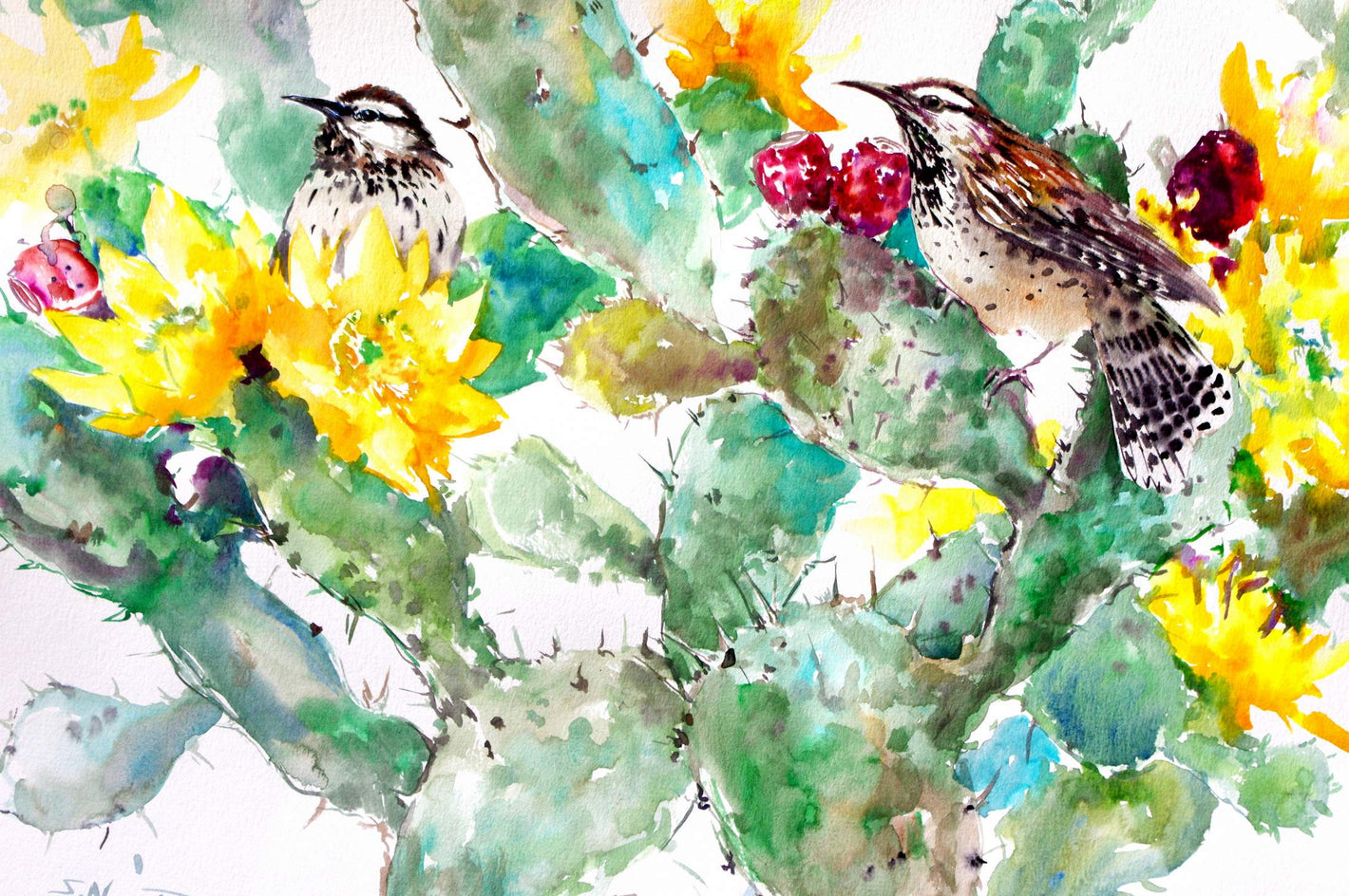 Cactus Wren and Prickly Pear by Suren Nersisyan |  Closeup View of Artwork