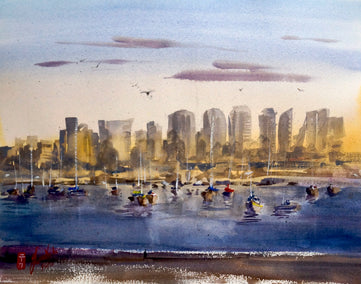 watercolor painting by James Nyika titled San Diego Bay