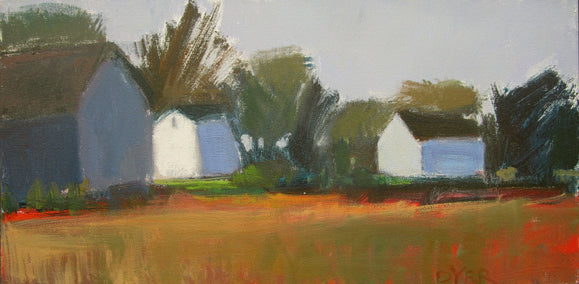 acrylic painting by Janet Dyer titled Farm in Afternoon Light