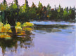 Original art for sale at UGallery.com | Yellow Bushes by Lake by Janet Dyer | $975 | acrylic painting | 18' h x 24' w | thumbnail 1
