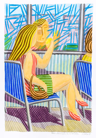 watercolor painting by Javier Ortas titled A Blonde Girl on the Bus