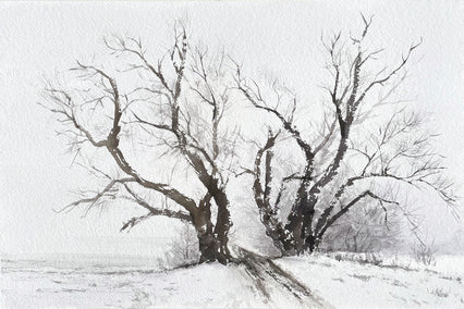 watercolor painting by Jill Poyerd titled Poplars in Winter