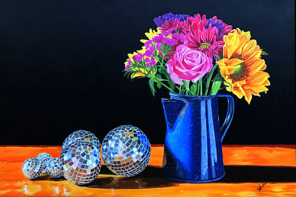 acrylic painting by John Jaster titled Coffee Pot with Glass Balls and Flowers