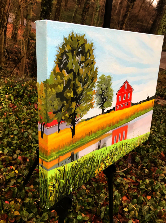 Red Barn Reflections by John Jaster |  Side View of Artwork